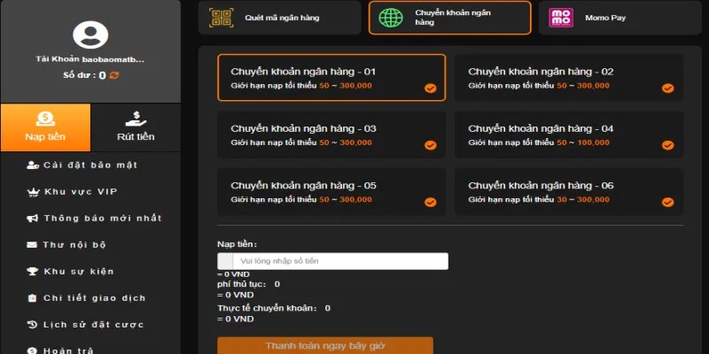 Điền thông tin giao dịch tại TX88 qua phương thức ngân hàng
